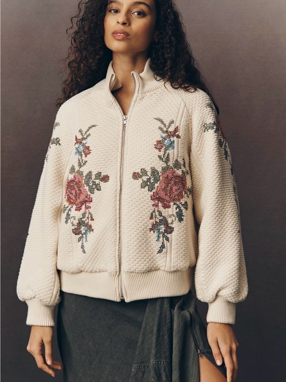 Anthropologie Embroidered Bomber Sweater Jacket Size XXS Oversized EUC